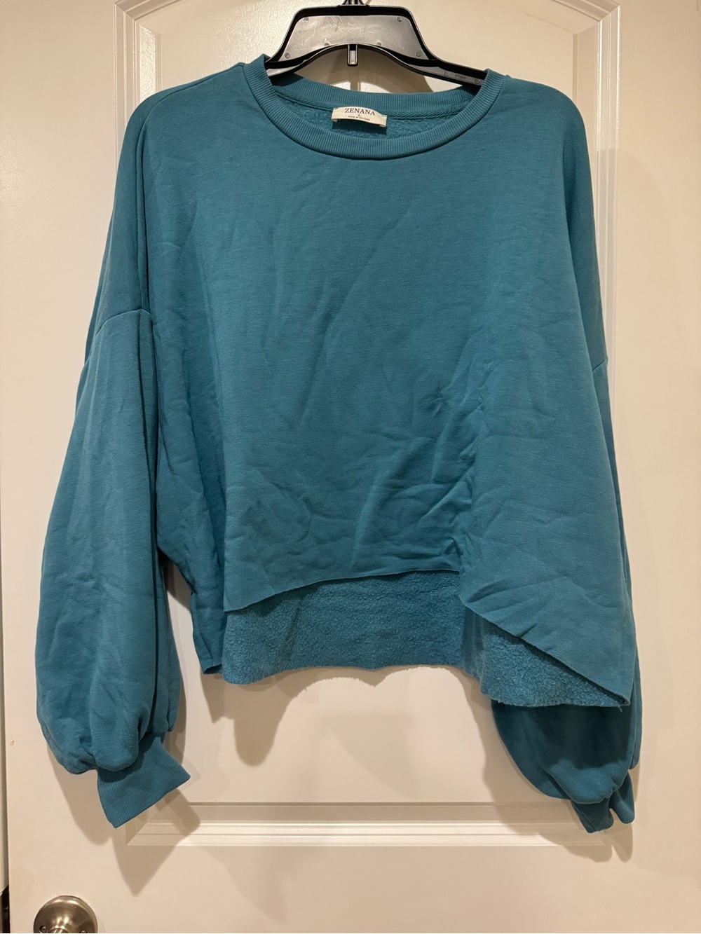 Zenana Outfitters Teal Cropped Balloon-Sleeve Sweatshirt